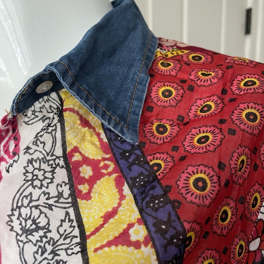 VINTAGE GOA FLORAL PATCHWORK SEMI SHEER COTTON BUTTON UP ROLL TAB TOP Medium - Picture 3 of 11